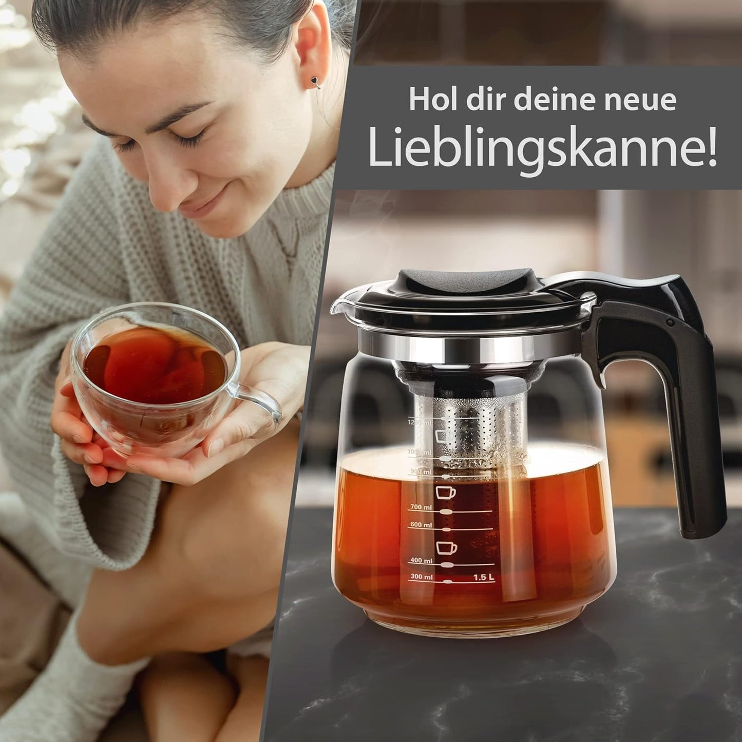 Tomicook Glasteekanne mit Teesieb Überhitzungsschutz Edelstahl Filter Sieb 1500ml
