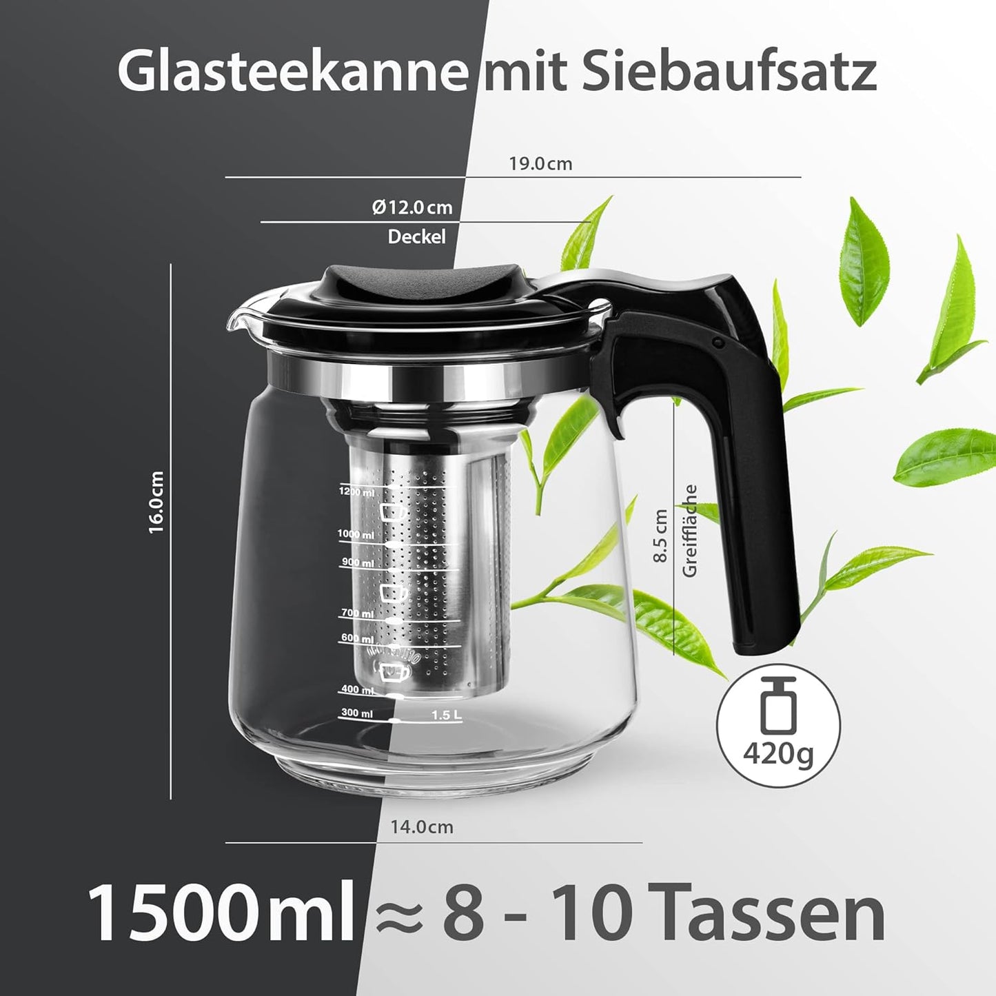 Tomicook Glasteekanne mit Teesieb Überhitzungsschutz Edelstahl Filter Sieb 1500ml