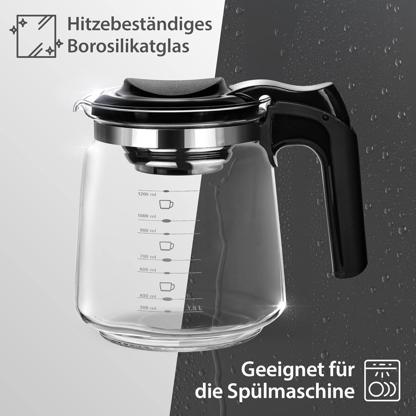 Tomicook Glasteekanne mit Teesieb Überhitzungsschutz Edelstahl Filter Sieb 1500ml