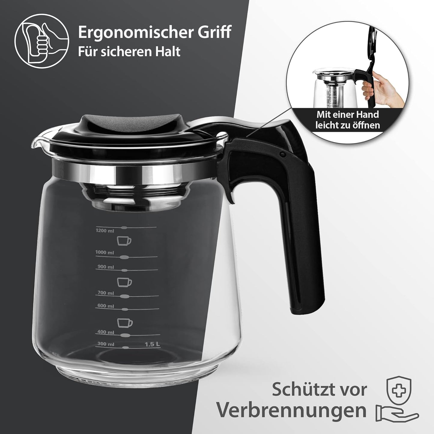 Tomicook Glasteekanne mit Teesieb Überhitzungsschutz Edelstahl Filter Sieb 1500ml