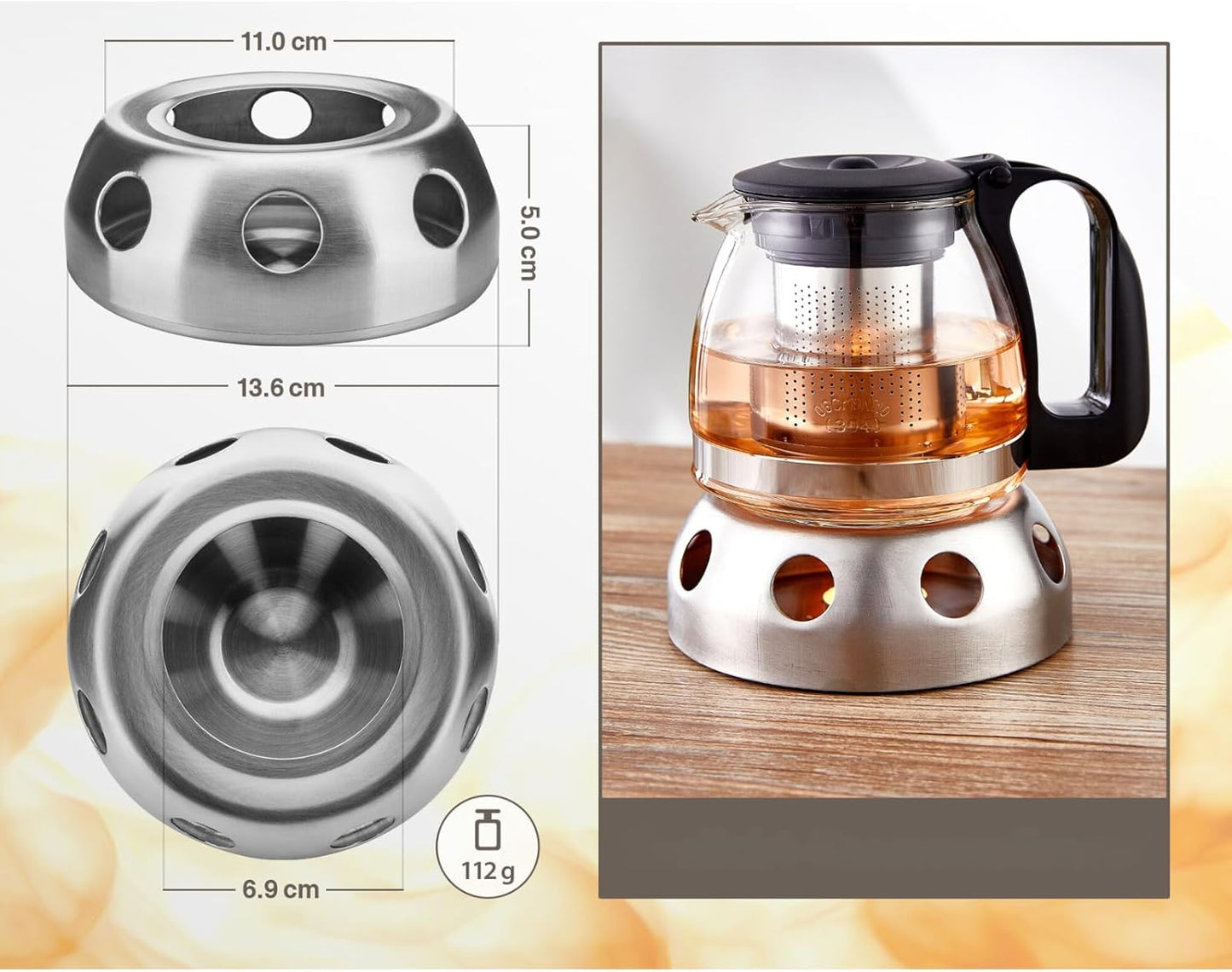 Tomicook Teekanne aus Glas mit Siebaufsatz Hitzebeständig mit Stövchen