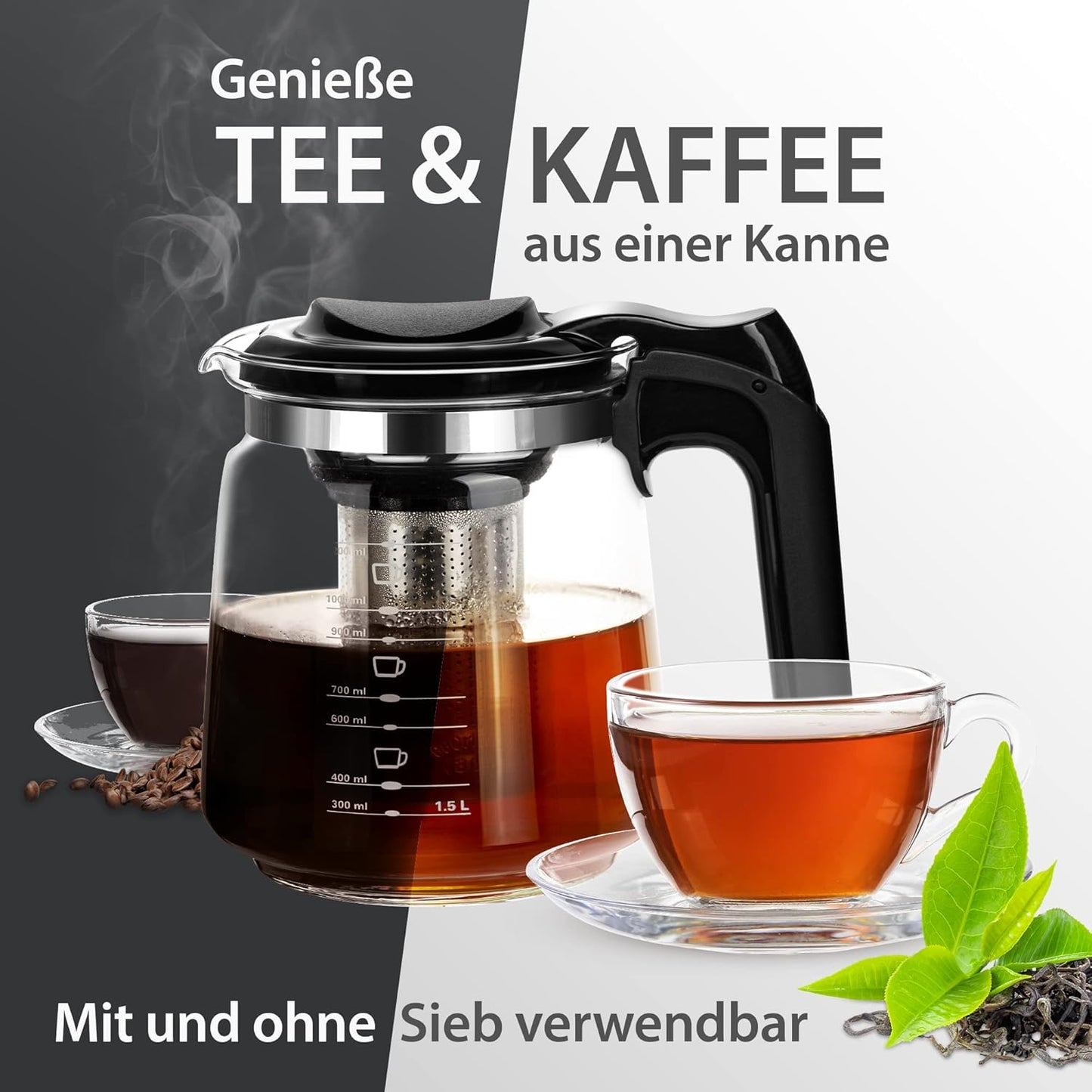 Tomicook Glasteekanne mit Teesieb Überhitzungsschutz Edelstahl Filter Sieb 1500ml