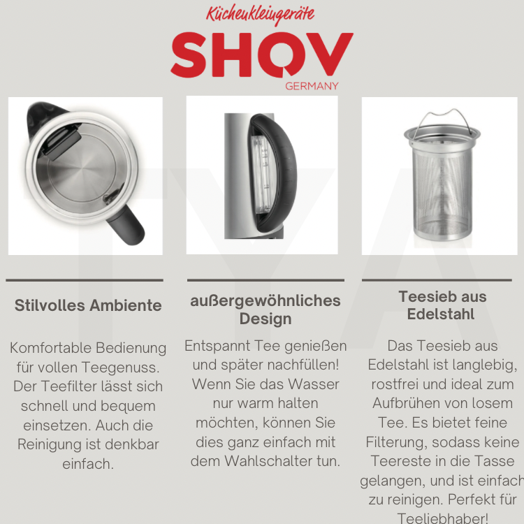 SHOV Teekocher Edelstahl 1,7L 2200W Silber