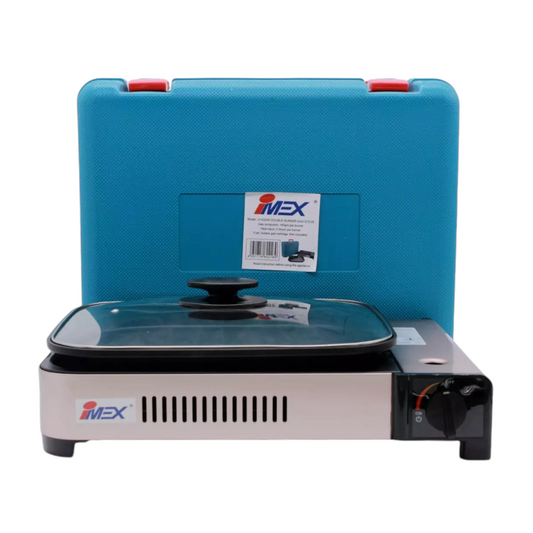 IMEX 2-in-1 Gaskocher und Gasgrill, Grillplatte, Pfanne, Glasdeckel, Koffer