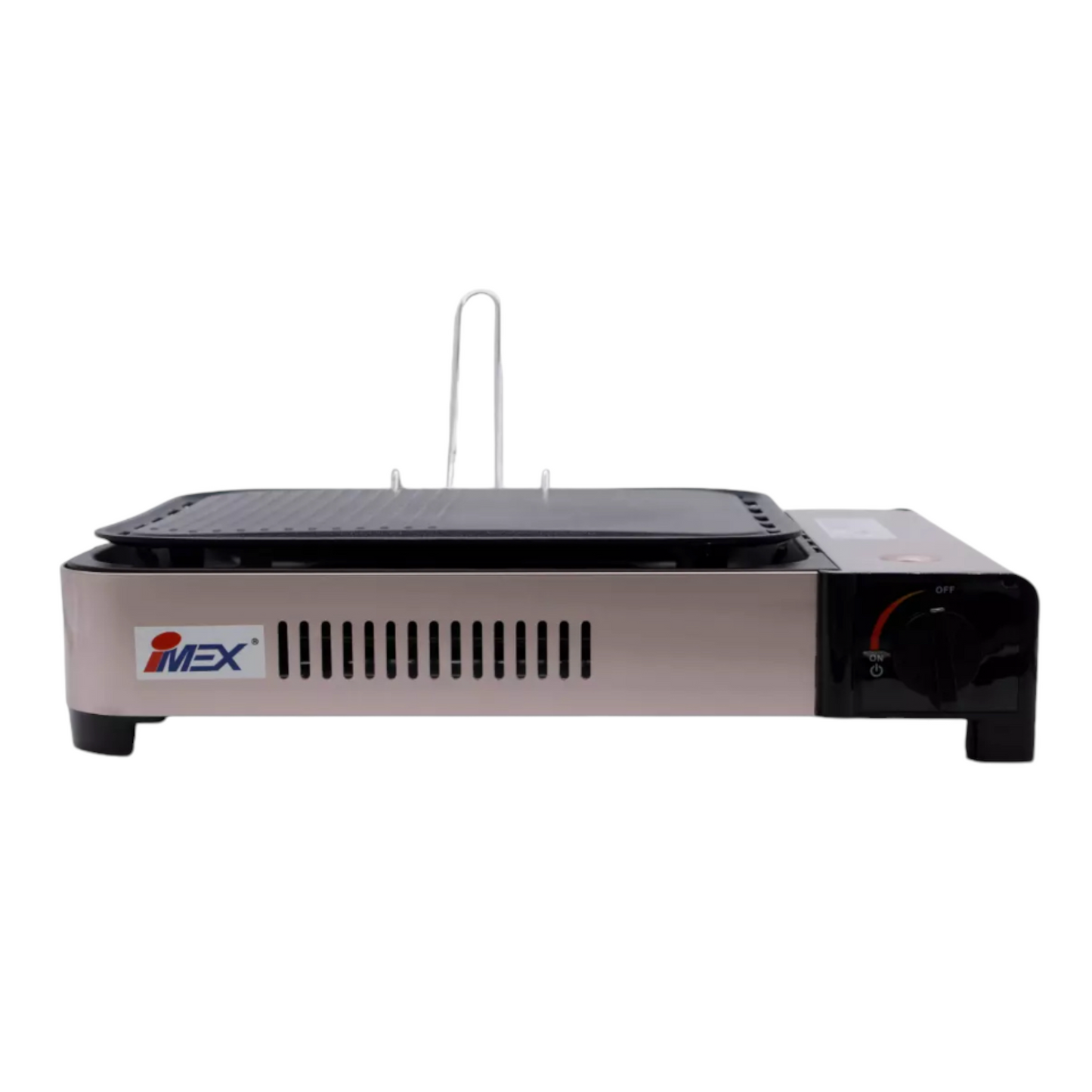 IMEX 2-in-1 Gaskocher und Gasgrill, Grillplatte, Pfanne, Glasdeckel, Koffer